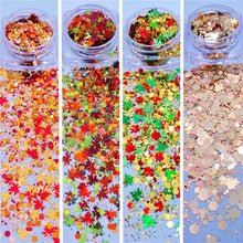 Load image into Gallery viewer, TCT-929 Autumn Maple Leaf Shape Mix Glitter Sequins, Fall Colors, Hexagon & Maple Leaf Mix, Vegan Glitter for Nail Art, Card Making, Epoxy Resin DIY, PET Material, MSDS Certified, Guangdong China, Wholesale Available