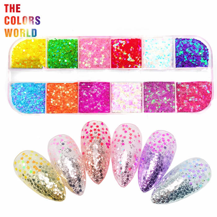 Allstarry 12 Colors Chunky Glitter Holographic Craft Glitter Cosmetic Nail Art Sequins Mixed Fine Glitter Flakes For Nails Art Decoration Hair Eyes