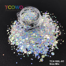 Load image into Gallery viewer, TCT-045 Mix Chunky Holographic Glitter Powder, a high-quality PET decorative material with long-lasting sparkle and holographic effect, ideal for personal and wholesale use.