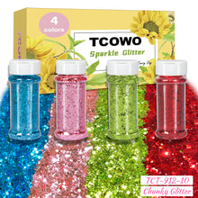 Load image into Gallery viewer, TCT-912 TCOWO Bulk Mix Christmas Glitter PET Film Holographic/Metallic/Rainbow Iridescent Chunky Glitter Shaker 2OZ/Bottle*4 Glitter for Nail Art Resin DIY Crafts Festival Decorations Face Body Hair Decoration Wholesale