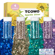 Load image into Gallery viewer, TCT-912 TCOWO Bulk Mix Christmas Glitter PET Film Holographic/Metallic/Rainbow Iridescent Chunky Glitter Shaker 2OZ/Bottle*4 Glitter for Nail Art Resin DIY Crafts Festival Decorations Face Body Hair Decoration Wholesale