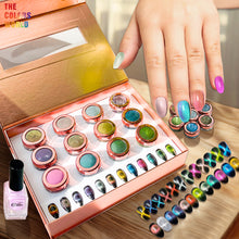 Load image into Gallery viewer, Eddiee 12 Colors Nail Powder And Nail Tips Chart Display Set Magnetic Cat Eye Powder,Chameleon Powder Pigment,Aurora Powder,Chameleon Flakes Foil,Holographic Mirror Chrome Powder For Nail Art Nail Salon Manicure DIY
