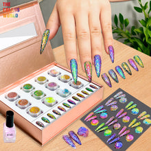 Load image into Gallery viewer, Eddiee 12 Colors Nail Powder And Nail Tips Chart Display Set Magnetic Cat Eye Powder,Chameleon Powder Pigment,Aurora Powder,Chameleon Flakes Foil,Holographic Mirror Chrome Powder For Nail Art Nail Salon Manicure DIY
