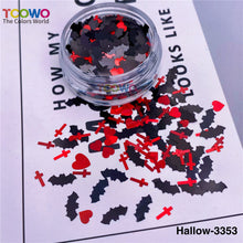 Load image into Gallery viewer, TCT-926 Halloween Party Confetti Black Red Glitter, Mix Bat Spider Cross Shapes Metallic Sequins, Non-Toxic Shining Glitter for Face Nail Body Festival Table Decor, BOPET Material with MSDS Certification
