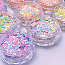 Load image into Gallery viewer, TCT-1054&amp;TCT-1055 Kawaii Macaron PET Glitter Sequins Bulk Valentine Heart Flower Star Shapes Non-Toxic Solvent Resistant Perfect for Nail Art and DIY Creations
