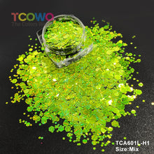 Load image into Gallery viewer, TCT-045 Mix Chunky Holographic Glitter Powder, a high-quality PET decorative material with long-lasting sparkle and holographic effect, ideal for personal and wholesale use.
