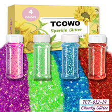 Load image into Gallery viewer, TCT-912 TCOWO Bulk Mix Christmas Glitter PET Film Holographic/Metallic/Rainbow Iridescent Chunky Glitter Shaker 2OZ/Bottle*4 Glitter for Nail Art Resin DIY Crafts Festival Decorations Face Body Hair Decoration Wholesale
