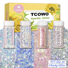 Load image into Gallery viewer, TCT-912 TCOWO Bulk Mix Christmas Glitter PET Film Holographic/Metallic/Rainbow Iridescent Chunky Glitter Shaker 2OZ/Bottle*4 Glitter for Nail Art Resin DIY Crafts Festival Decorations Face Body Hair Decoration Wholesale
