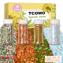 Load image into Gallery viewer, TCT-912 TCOWO Bulk Mix Christmas Glitter PET Film Holographic/Metallic/Rainbow Iridescent Chunky Glitter Shaker 2OZ/Bottle*4 Glitter for Nail Art Resin DIY Crafts Festival Decorations Face Body Hair Decoration Wholesale
