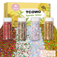 Load image into Gallery viewer, TCT-912 TCOWO Bulk Mix Christmas Glitter PET Film Holographic/Metallic/Rainbow Iridescent Chunky Glitter Shaker 2OZ/Bottle*4 Glitter for Nail Art Resin DIY Crafts Festival Decorations Face Body Hair Decoration Wholesale
