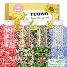 Load image into Gallery viewer, TCT-912 TCOWO Bulk Mix Christmas Glitter PET Film Holographic/Metallic/Rainbow Iridescent Chunky Glitter Shaker 2OZ/Bottle*4 Glitter for Nail Art Resin DIY Crafts Festival Decorations Face Body Hair Decoration Wholesale
