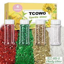 Load image into Gallery viewer, TCT-912 TCOWO Bulk Mix Christmas Glitter PET Film Holographic/Metallic/Rainbow Iridescent Chunky Glitter Shaker 2OZ/Bottle*4 Glitter for Nail Art Resin DIY Crafts Festival Decorations Face Body Hair Decoration Wholesale
