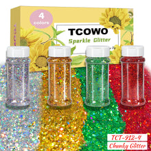 Load image into Gallery viewer, TCT-912 TCOWO Bulk Mix Christmas Glitter PET Film Holographic/Metallic/Rainbow Iridescent Chunky Glitter Shaker 2OZ/Bottle*4 Glitter for Nail Art Resin DIY Crafts Festival Decorations Face Body Hair Decoration Wholesale

