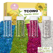 Load image into Gallery viewer, TCT-912 TCOWO Bulk Mix Christmas Glitter PET Film Holographic/Metallic/Rainbow Iridescent Chunky Glitter Shaker 2OZ/Bottle*4 Glitter for Nail Art Resin DIY Crafts Festival Decorations Face Body Hair Decoration Wholesale
