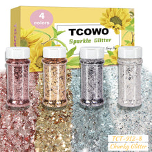 Load image into Gallery viewer, TCT-912 TCOWO Bulk Mix Christmas Glitter PET Film Holographic/Metallic/Rainbow Iridescent Chunky Glitter Shaker 2OZ/Bottle*4 Glitter for Nail Art Resin DIY Crafts Festival Decorations Face Body Hair Decoration Wholesale

