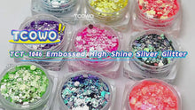 Load and play video in Gallery viewer, TCT-1046 Embossed High Sparkle Silver Mirror Glitter Bulk Wholesale, Eco-Friendly PET Mix Size Chunky Glitter Powder for Nail Art Resin Tumblers Crafts Valentine Decor
